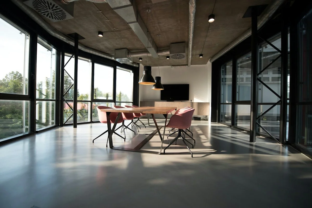 Sunlit workspace with a meeting table