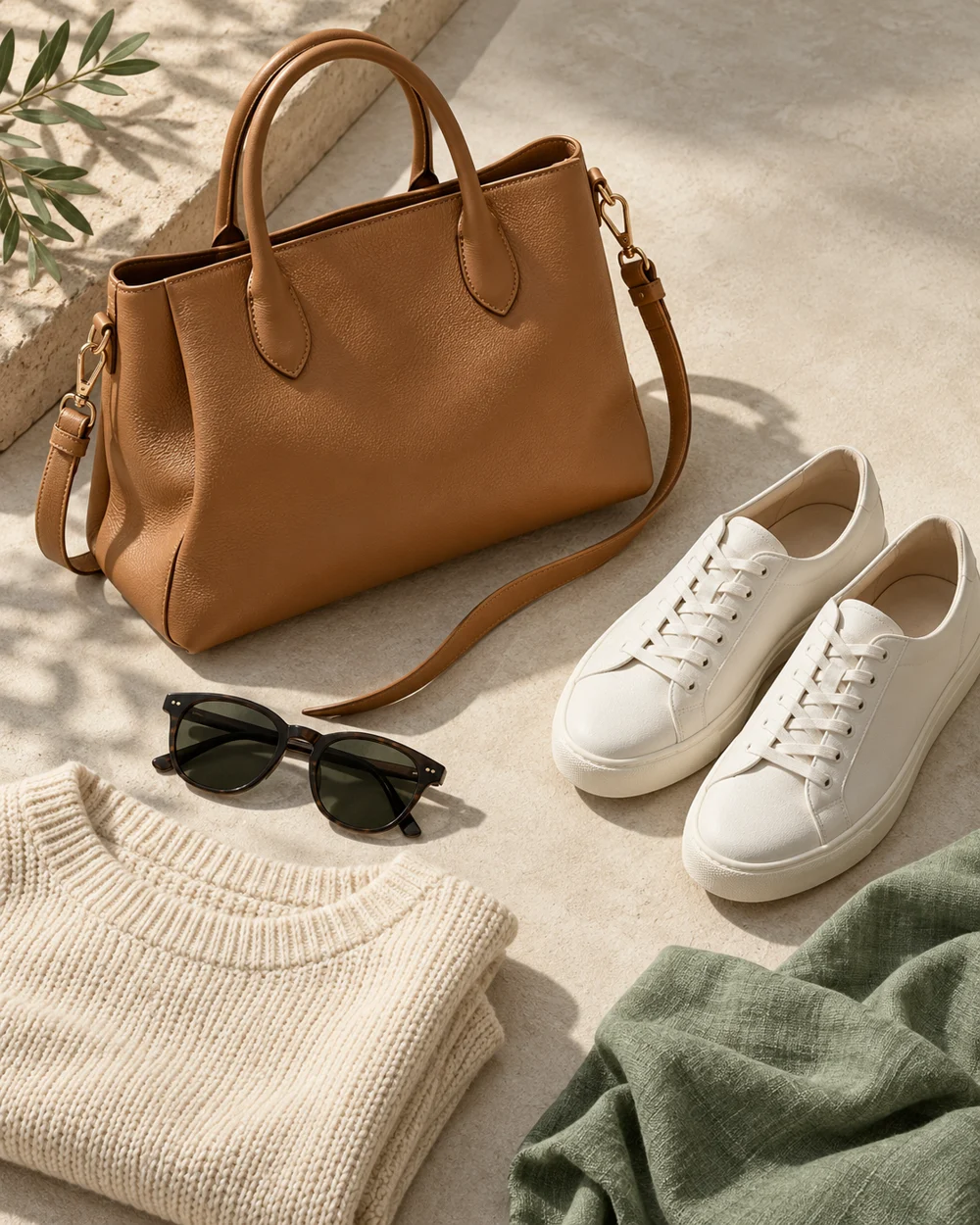 Generated product concept: tan handbag, white sneakers, knitwear, and sunglasses